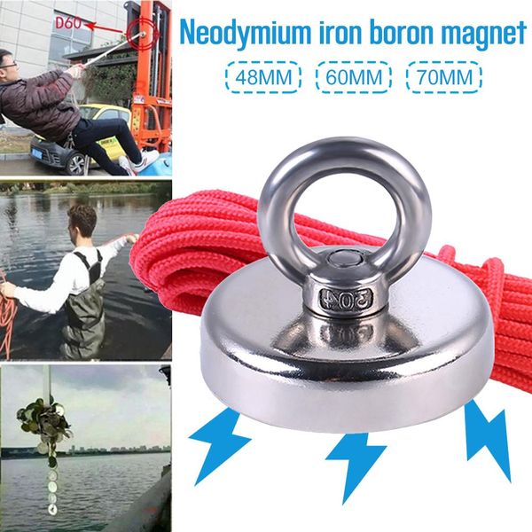 

super strong fishing magnet neodymium magnet with countersunk hole and eyebolt 20m rope pulling force 110kg fishing