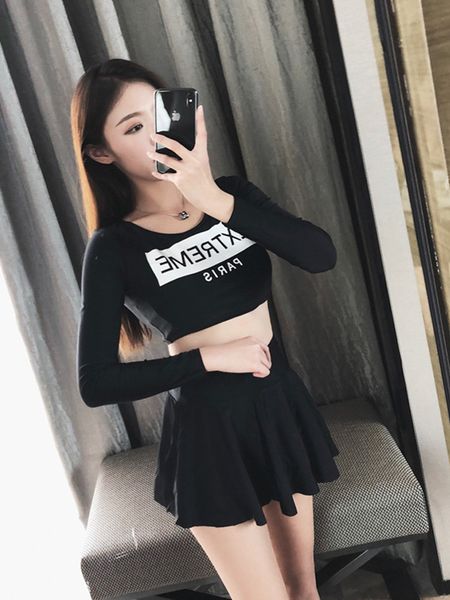 

women sport tankini push up black 2 pieces swimsuit long sleeves surfing suit beach wear swimming skirt beach rashguards, White;black
