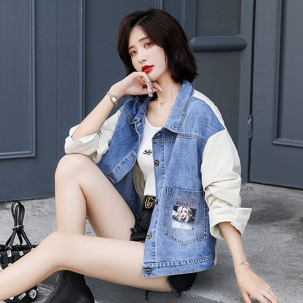 

2019 autumn new women's korean denim patchwork jacket casual fashion loose lapel single-breasted long-sleeved short coat f1537, Black;brown