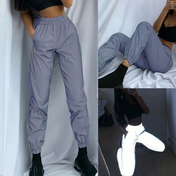 

women sweatpant flash reflective pants joggers hip hop dance show party night jogger baggy trousers plus size odblaskowe spodnie, Black;white