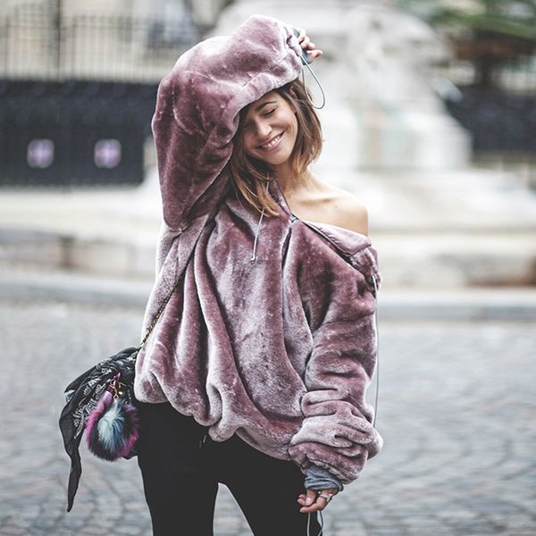 

umeko new fashion autumn women's velvet fleece outerwear hoodies oversized sweatshirts fur coat loose jacket pullovers plus size, Black