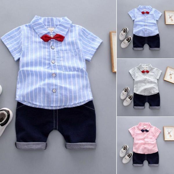 

summer infant kids baby boy gentleman clothes sets short sleeve stripe bow shirt +pants outfits 2pcs set clothes, White