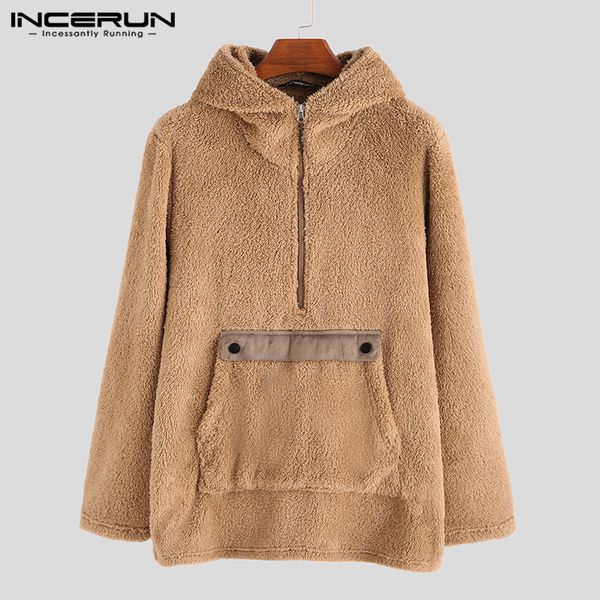

incerun winter stylish fleece men sweatshirts fluffy hooded long sleeve pockets zipper pullovers streetwear casual hoodies 2019, Black