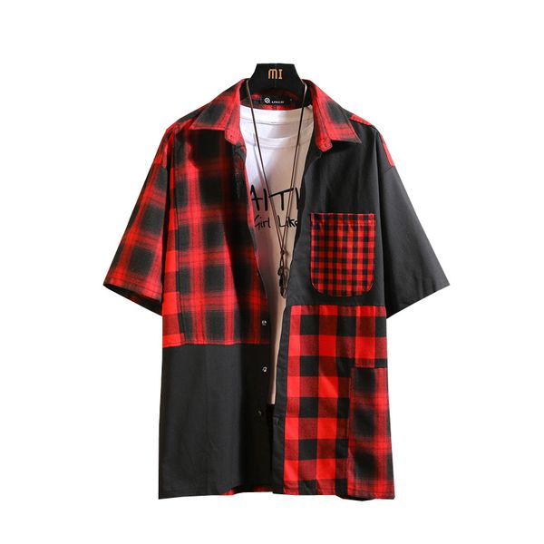 

2019 patchwork plaid short sleeve shirt men casual hip hop streetwear, men shirt casual clothing, White;black