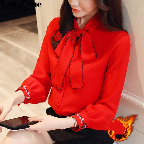 

women's blouses & shirts 2021 winter warm women blouse shirt chiffon stand elegant office work long sleeve bow formal blusas plus size, White
