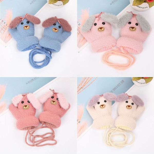 

child winter warm velvet thicken gloves baby girls boys cashmere knitting cute dog rope baby mitten gloves for 0-3t, White