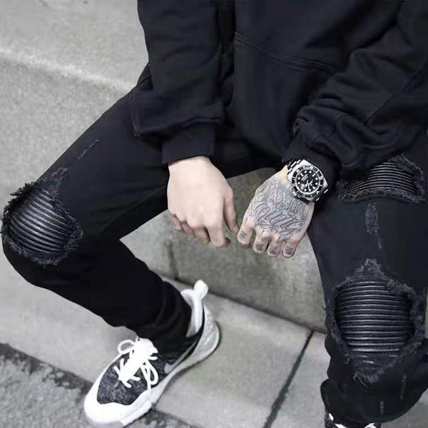 

men's jeans idopy men`s ripped biker slim fit hi-street pu patchwork motorcycle denim joggers pants with knee holes for men, Blue