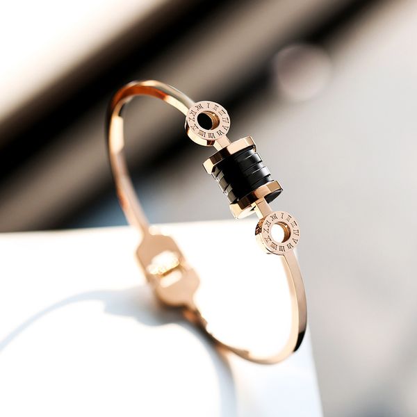 

female roman numerals bracelet temperament titanium steel cuff bangle fashion jewelry rose gold bracelets concise wristlet jewel, Black