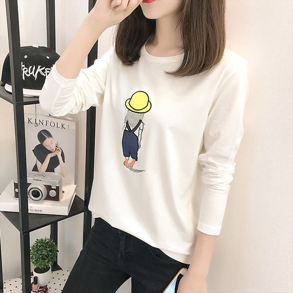 

autumn clothes korean fan all-match women's long sleeve cartoon embroidery student loose t-shirt embroidery white t-shirt