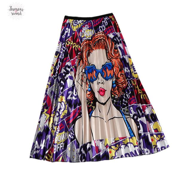 

улица плиссированные юбки весна новый coming europen мультфильм pattern высокой эластичностью 2019 стиль линия середина теленок рождество, Black