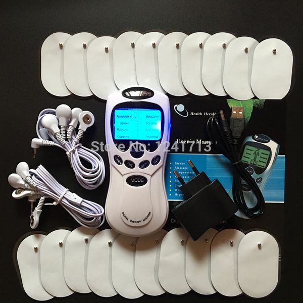 Toda chave Inglês A entrada dupla Electrical Stimulator Full Body Relax Muscle Massager, Pulso dezenas de acupuntura terapia + 20 pads LY191203