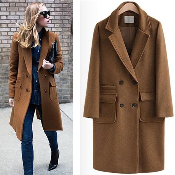 

2018 winter new fashion women woolen jacket medium long double-breasted loose women wool blends coat, Black