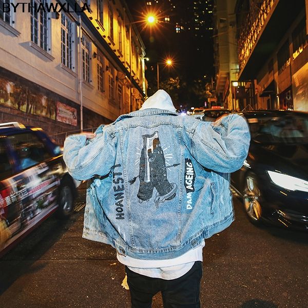 

bythawxlla vintage ripped hole denim jacket men hip hop casual distressed demin ripped printed jeans jackets malew2430, Black;brown