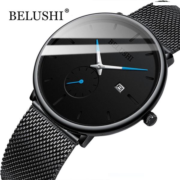 

мужская мода белуши часы top quartz календарь часы для мужчин вскользь тонкая стальная сетка мужчин часы 2019 ультра тонкий, Slivery;brown