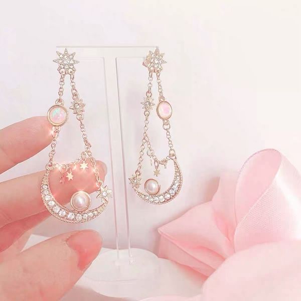 

mengjiqiao 2019 new korean elegant moon star drop earrings for women girls shiny rhinestone crystal brinco party jewelry gifts, Silver