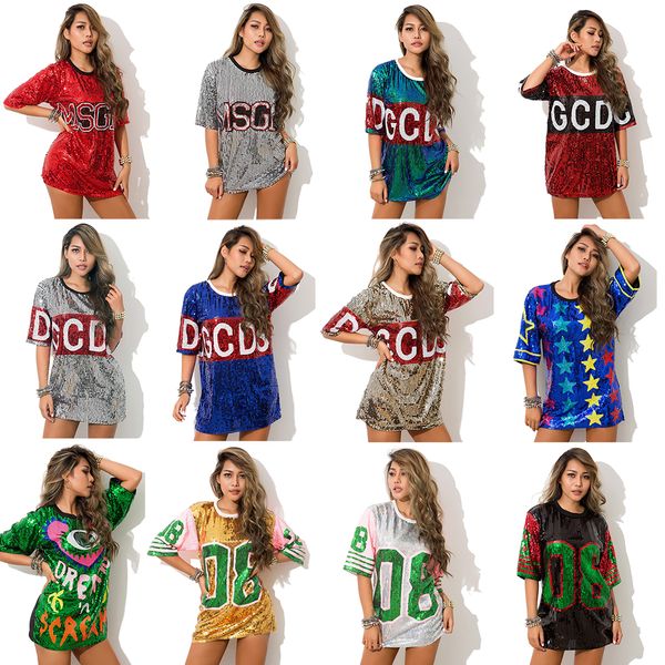 

multiple styles performances womens sequined t-shirt dress - hip hop group show ladies bar party nightclub, White