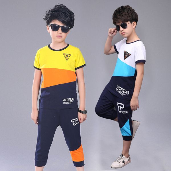 

casual active boys clothes set summer teenage t shirt short pants children suit 2019 kids outfits sports clothing for boys 2 pcs, White