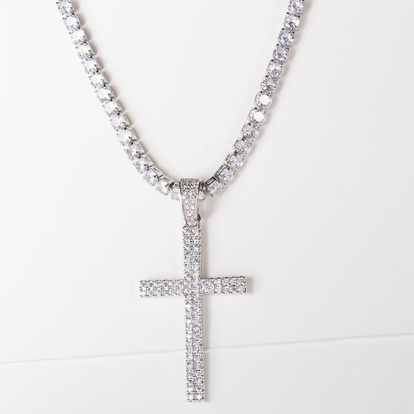 

hip hop micro pave zircon cross pendant zircon crystal custom size tennis chain necklace ice out men's jewelry, Silver
