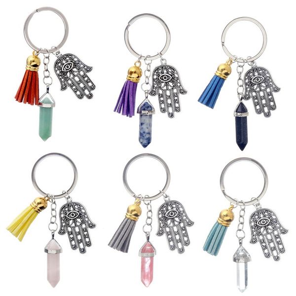 

hamsa hand fatima keychain ring tassel hexagonal prism chakra natural stone evil eye crystal pendant charms keyring jewelry gifts1597439, Slivery;golden