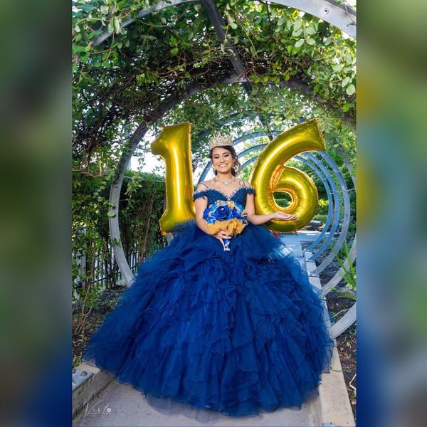 Royal Blue Luxurious Lace frisada Quinceanera Prom Dresses Spaghetti Tiers Tulle bola Evening Partido vestido doce 16 vestido SY28