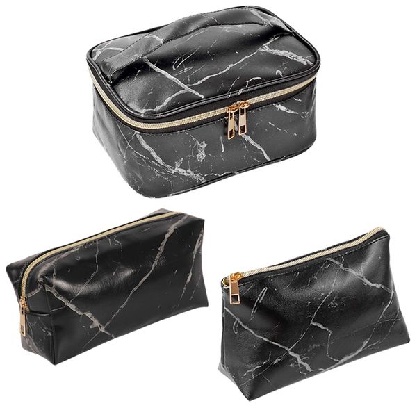 

3 piece cosmetic bag travel bag portable cosmetic makeup brush waterproof storage unisex, black marble