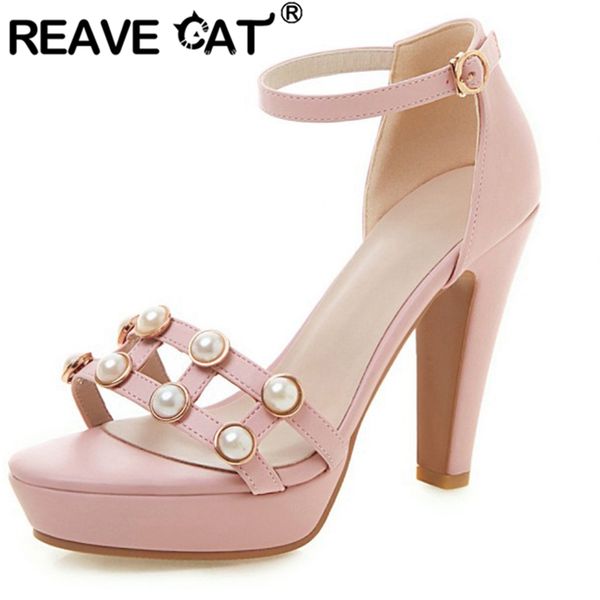 

reave cat spring summer sweet heeled sandals open toe 11cm cone heels one-button buckle platforms pearl big size 32-43 a2864, Black