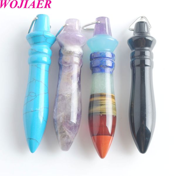 Wojier Natural Pedra Turquesa Roxo Crystal Pingente Pêndulo Para Dowsing Cone Reiki Bead Amulet Pendule Divinate Jóias (sem corrente) DBE900