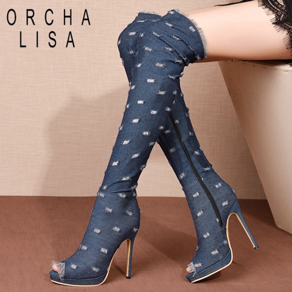 

orcha lisa elegant shoes woman high heel summer women knee boots thin heels denim zipper peep toe jeans booties, Black