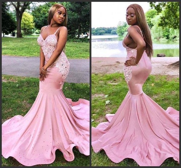 

pink mermaid prom dresses long spaghetti backless sweep train beads appliques formal dress evening party gowns special occasion dress, Black;red