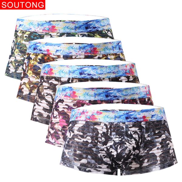 

soutong men underpants fashion mesh boxer men breathable summer cool transparent print underwear boxers shorts st59, Black;white