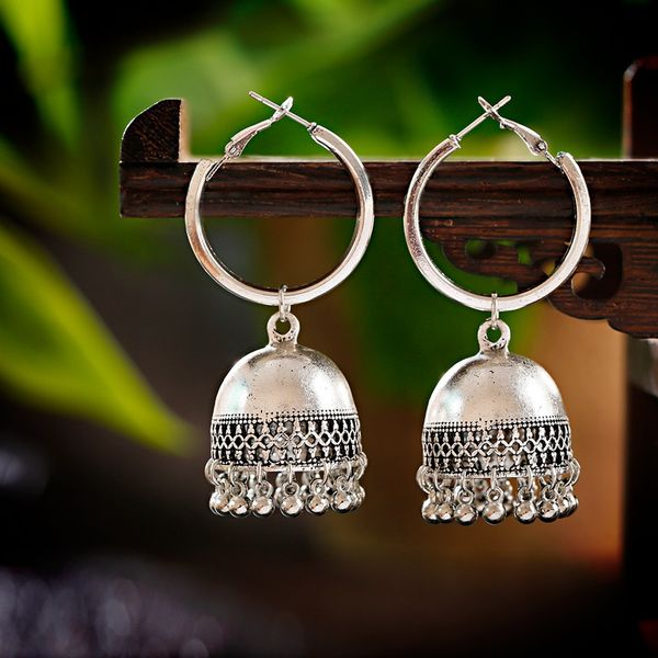 

oiquei classic ethnic retro women round jhumka earrings vintage sliver metal bell tassel earrings wedding jewelry bijoux, Silver
