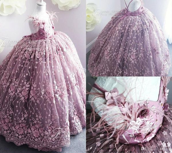 

purple flower girl dresses for weddings 3d floral appliqued cute little girls pageant dress feather, Red;yellow