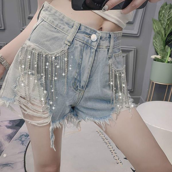 

2020 retro women denim shorts punk ripped tassel beaded shorts high wasit street denim summer new streetwear, White;black