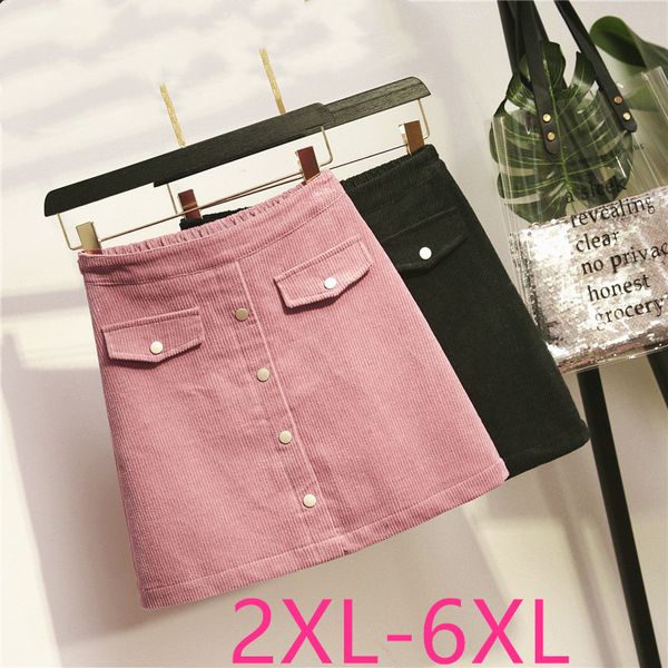 

2019 autumn winter plus size skirts for women elegant loose casual elastic waist corduroy short skirt black pink 3xl 4xl 5xl 6xl, Black;gray