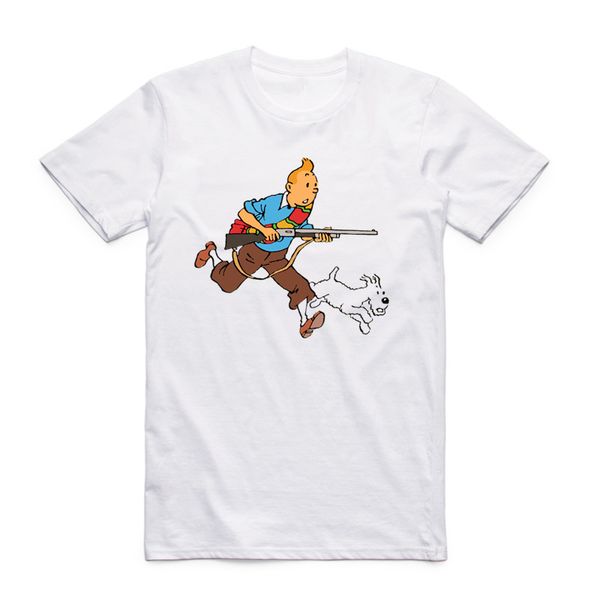 

asian size men women printing tintin cartoon t-shirt summer casual o-neck short sleeves polyester tshirt, White;black