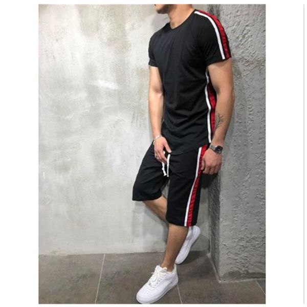 

2019 summer men set 2 pc sporting suit short sleeve t shirt + shorts two piece set sweatsuit casual patchwork jogging, Gray