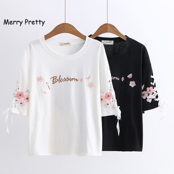 

women's t-shirt merry pretty funny tshirt women letter floral embroidery lace up short sleeve cotton white black sweet t shirt female