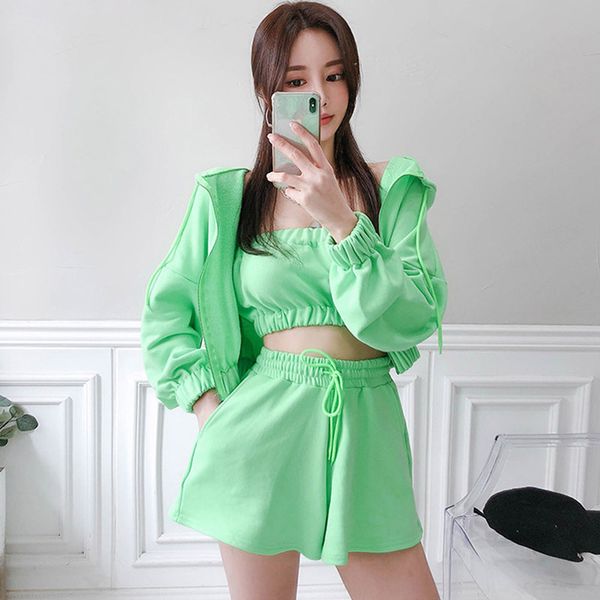 

new arrival fashion sets for women elegant office lady short pants and loose short jacket outdoor green solid 3 pieces sets, White