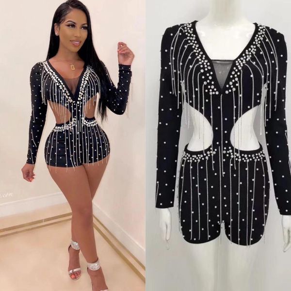 

black shining tassel bodycon rayon bandage fashion playsuit, Black;white