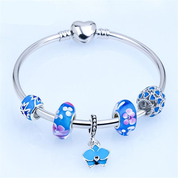 Blumen-Perlen-Armreif, Pan-Dora-Design, blau, rosa, versilbertes Glas, modische Charms, Anhänger, Schmuck, Armband für Damen und Mädchen