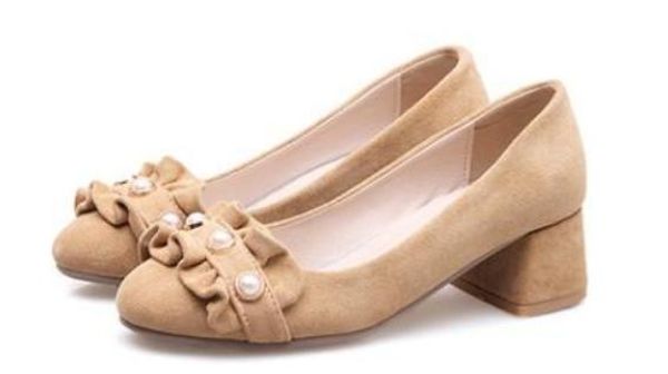 

2019 women's shoes in spring and autumn with new style middle heel coarse heel round head suede @2115, Black