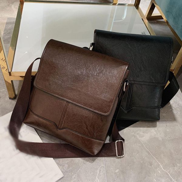 

vertical v-shaped solid double pocket soft leather solid color cross-body bag men's travel bag dropship y12.3