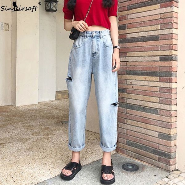 

wide leg hole jeans pants women plus size casual loose ripped denim pants ankle-length light blue chic trousers summer new 2019