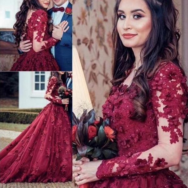 

2020 new burgundy ball gown quinceanera dress sheer neck lace 3d appliques beaded sweep train puffy plus size custom prom evening gowns, Black