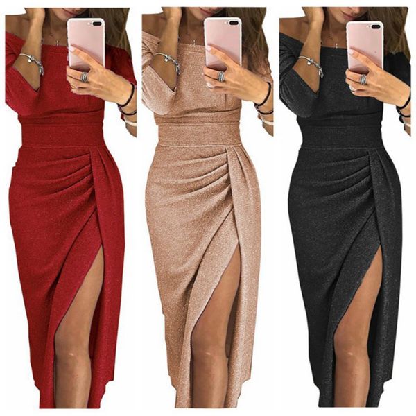 

Women Sexy Off-The-Shoulder Split Sequin Three Quarter Sleeve Slim Stretch Long Party Dress Solid Color Casual Vestidos Female