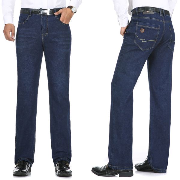 

middle-aged jeans men's elasticity high-waisted loose-fit straight-leg pants autumn and winter thick section dad men's trousers, Blue