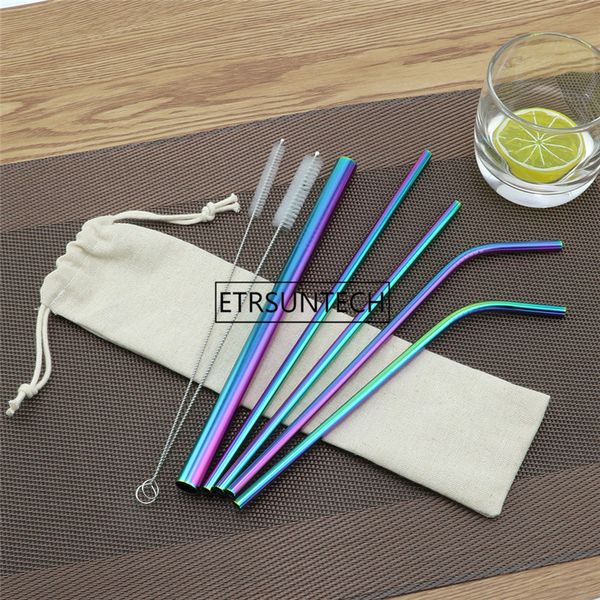 

7pcs/set reusable metal drinking straws 304 stainless steel sturdy bent straight drinks straw with cleaning brush for bar 100set