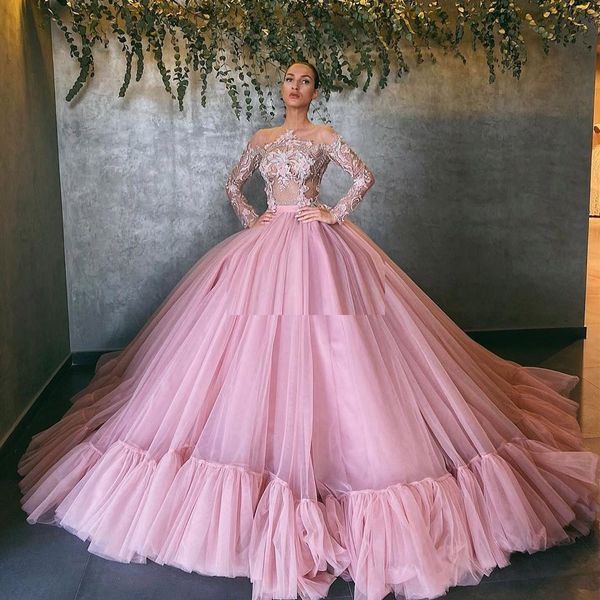

pink beaded ball gown prom quinceanera dresses jewel neck long sleeves sequined evening gowns plus size sweep train tulle formal dress, Blue;red