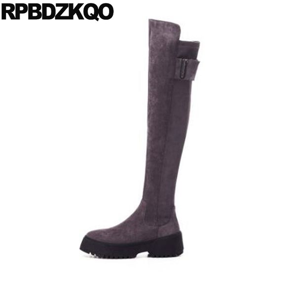 

brand women winter boots genuine leather thigh high slim chunky luxury long shoes tall grey sheepskin over the knee heel warm, Black