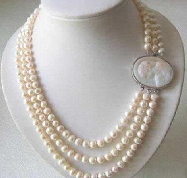 

new style >>>>> 3 rows 7-8mm freshwater pearl necklace, cameo brooch, Silver